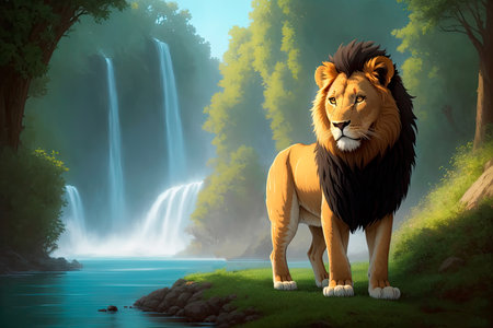 A beautiful drawing of a lion with a majestically peaceful expression. Colorful magic lion, cartoon style painting. Generative ai art illustration.の素材