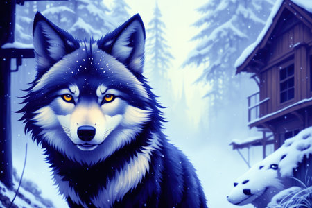 Mystery wolf in forest. Colorful magic wolf, cartoon style painting. Generative ai art illustration.の素材