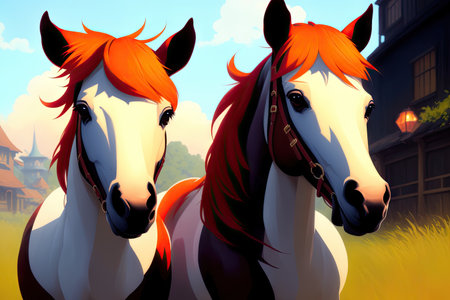 Colorful magic horse, cartoon style painting. Generative ai art illustration.の素材