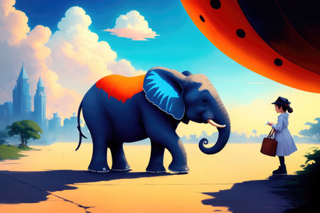 Modern drawing of elephant, Colorful magic elephant, cartoon style painting. Generative ai art illustration.の素材