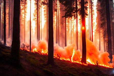 Intense flames from a massive forest fire, generative ai. Flames light up the evening as they rage thru pine forests and sage brush.の素材