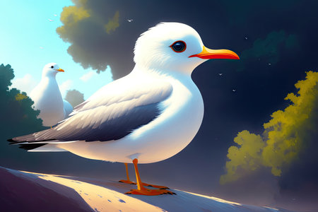 Cartoonish atlantic seabird, seagull. Sea Gull, bird in a cartoon style painting. Generative ai art illustration.の素材