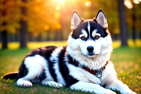 Portrait of siberian husky, beautiful cute dog, generative ai. looking into camera.の素材