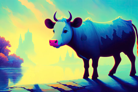 cow portrait. Colorful magic cow, cartoon style painting. Generative ai art illustration.の素材