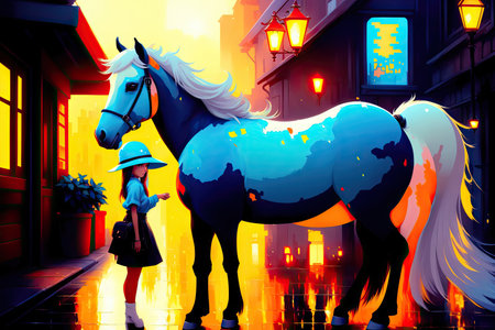 Colorful magic horse, cartoon style painting. Generative ai art illustration.の素材