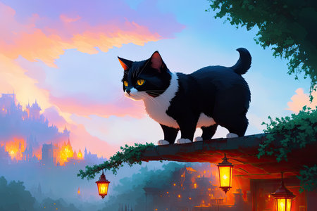 Colorful magic cat, cartoon style painting. Generative ai art illustration.の素材