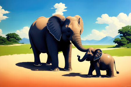 Modern drawing of elephant, Colorful magic elephant, cartoon style painting. Generative ai art illustration.の素材