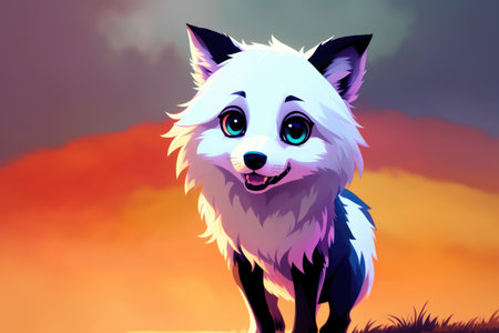 Mystery wolf in forest. Colorful magic wolf, cartoon style painting. Generative ai art illustration.の素材