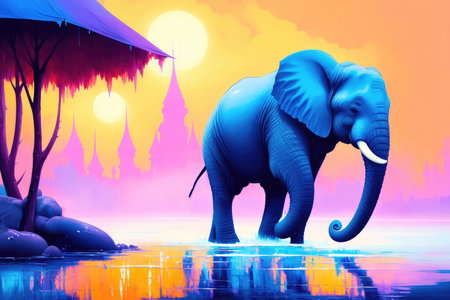 Modern drawing of elephant, Colorful magic elephant, cartoon style painting. Generative ai art illustration.の素材