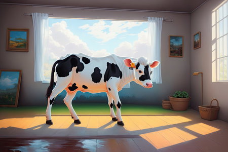 cow portrait. Colorful magic cow, cartoon style painting. Generative ai art illustration.の素材