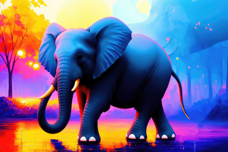 Modern drawing of elephant, Colorful magic elephant, cartoon style painting. Generative ai art illustration.の素材
