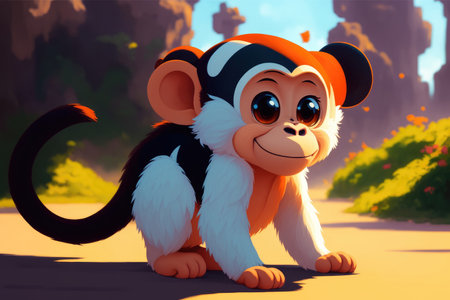 Colored digital drawing illustration. Colorful magic monkey, cartoon style painting. Generative ai art illustration. Abstract monkey for wall art, t-shirt, or poster.の素材