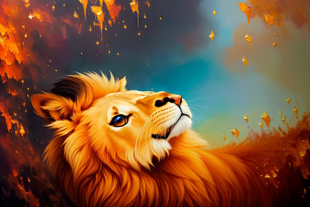 A beautiful drawing of a lion with a majestically peaceful expression. Colorful magic lion, cartoon style painting. Generative ai art illustration.の素材