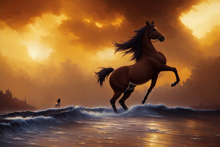 Colorful magic horse, cartoon style painting. Generative ai art illustration.の素材