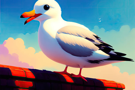 Cartoonish atlantic seabird, seagull. Sea Gull, bird in a cartoon style painting. Generative ai art illustration.の素材