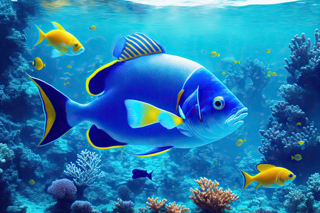 Underwater coral reef landscape with fish, generative ai, in the deep blue ocean with colorful marine life.の素材