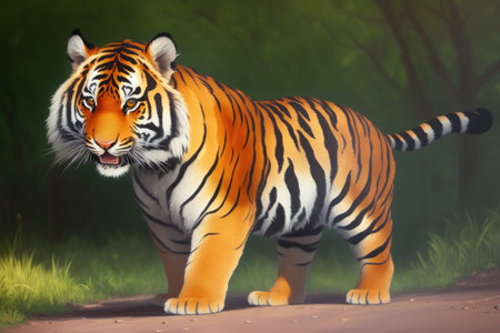 Digital painting of Beautiful tiger relaxing on warm day, Colorful magic tiger, cartoon style drawing, generative ai art illustration.の素材
