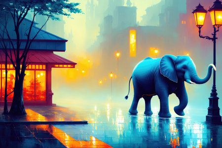 Modern drawing of elephant, Colorful magic elephant, cartoon style painting. Generative ai art illustration.の素材