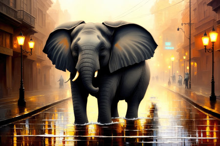 Modern drawing of elephant, Colorful magic elephant, cartoon style painting. Generative ai art illustration.の素材