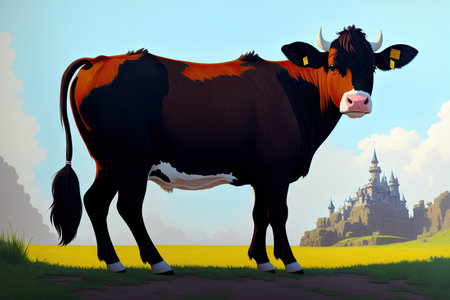 cow portrait. Colorful magic cow, cartoon style painting. Generative ai art illustration.の素材