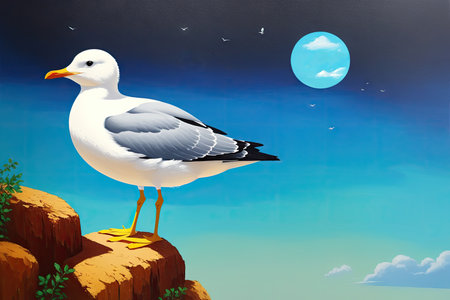 Cartoonish atlantic seabird, seagull. Sea Gull, bird in a cartoon style painting. Generative ai art illustration.の素材