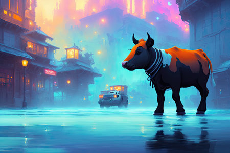 cow portrait. Colorful magic cow, cartoon style painting. Generative ai art illustration.の素材