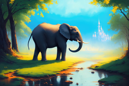 Modern drawing of elephant, Colorful magic elephant, cartoon style painting. Generative ai art illustration.の素材