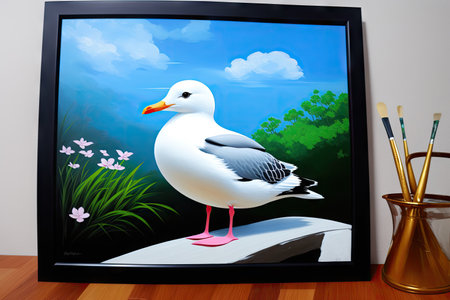 Cartoonish atlantic seabird, seagull. Sea Gull, bird in a cartoon style painting. Generative ai art illustration.の素材
