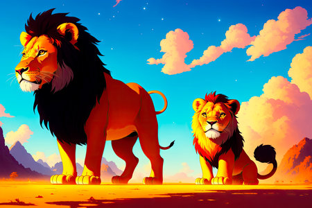 A beautiful drawing of a lion with a majestically peaceful expression. Colorful magic lion, cartoon style painting. Generative ai art illustration.の素材