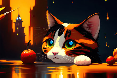 Colorful magic cat, cartoon style painting. Generative ai art illustration.の素材