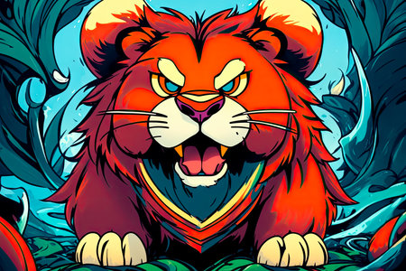 A beautiful drawing of a lion with a majestically peaceful expression. Colorful magic lion, cartoon style painting. Generative ai art illustration.の素材