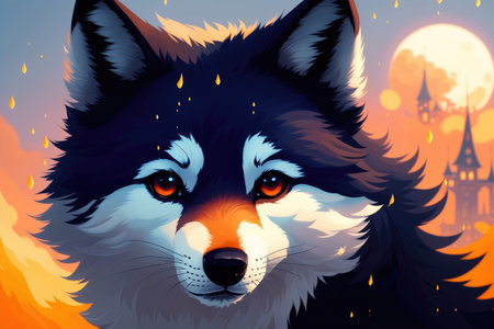 Mystery wolf in forest. Colorful magic wolf, cartoon style painting. Generative ai art illustration.の素材