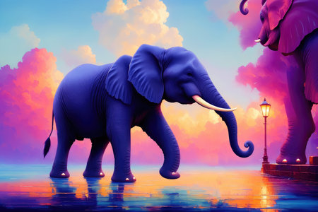 Modern drawing of elephant, Colorful magic elephant, cartoon style painting. Generative ai art illustration.の素材