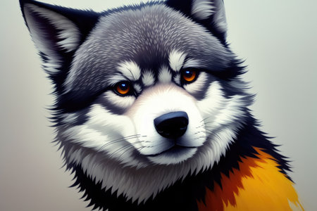 Mystery wolf in forest. Colorful magic wolf, cartoon style painting. Generative ai art illustration.の素材