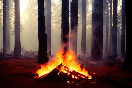 Intense flames from a massive forest fire, generative ai. Flames light up the evening as they rage thru pine forests and sage brush.の素材