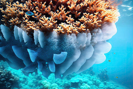 Underwater coral reef landscape with fish, generative ai, in the deep blue ocean with colorful marine life.の素材