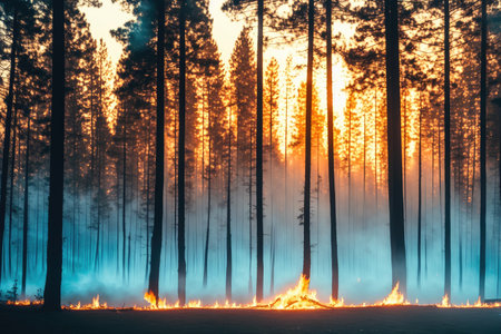 Intense flames from a massive forest fire, generative ai. Flames light up the evening as they rage thru pine forests and sage brush.の素材