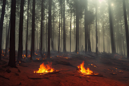 Intense flames from a massive forest fire, generative ai. Flames light up the evening as they rage thru pine forests and sage brush.の素材