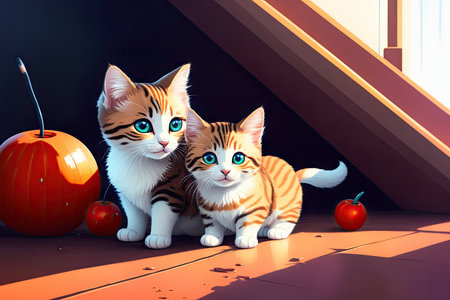 Colorful magic cat, cartoon style painting. Generative ai art illustration.の素材