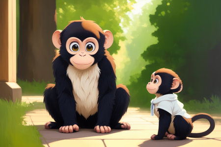 Colored digital drawing illustration. Colorful magic monkey, cartoon style painting. Generative ai art illustration. Abstract monkey for wall art, t-shirt, or poster.の素材