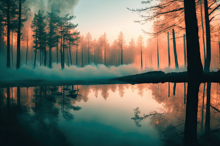 Intense flames from a massive forest fire, generative ai. Flames light up the evening as they rage thru pine forests and sage brush.の素材