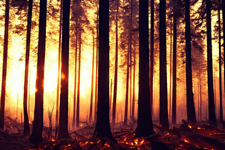 Intense flames from a massive forest fire, generative ai. Flames light up the evening as they rage thru pine forests and sage brush.の素材
