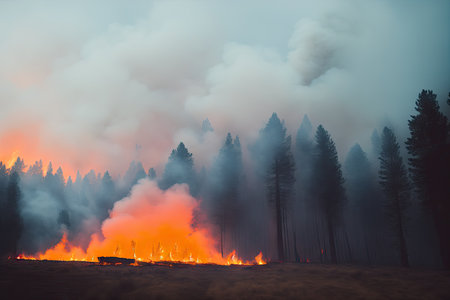 Intense flames from a massive forest fire, generative ai. Flames light up the evening as they rage thru pine forests and sage brush.の素材