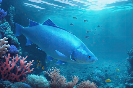 Underwater coral reef landscape with fish, generative ai, in the deep blue ocean with colorful marine life.の素材