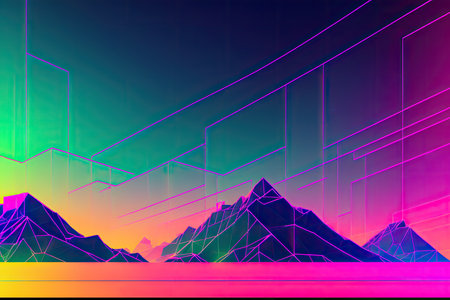 80s synthwave styled landscape, retrowave wireframe mountains, neon lines over arcade space planet canyon. Generative AI.の素材