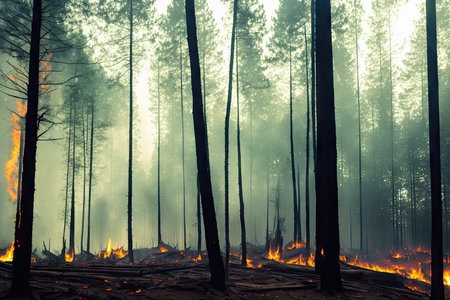 Intense flames from a massive forest fire, generative ai. Flames light up the evening as they rage thru pine forests and sage brush.の素材
