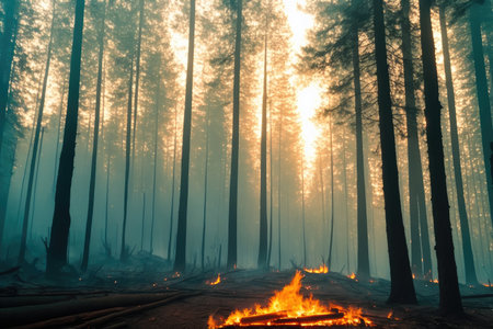 Intense flames from a massive forest fire, generative ai. Flames light up the evening as they rage thru pine forests and sage brush.の素材