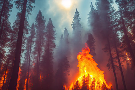 Intense flames from a massive forest fire, generative ai. Flames light up the evening as they rage thru pine forests and sage brush.の素材