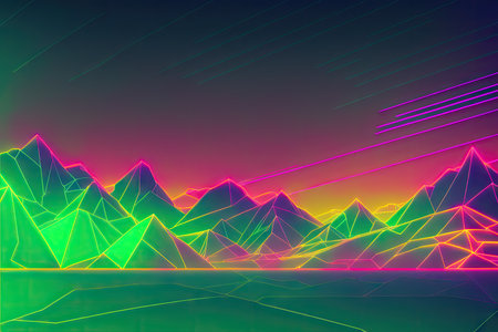80s synthwave styled landscape, retrowave wireframe mountains, neon lines over arcade space planet canyon. Generative AI.の素材