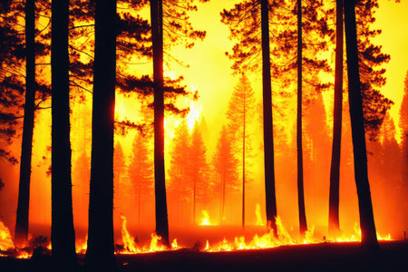 Intense flames from a massive forest fire, generative ai. Flames light up the evening as they rage thru pine forests and sage brush.の素材